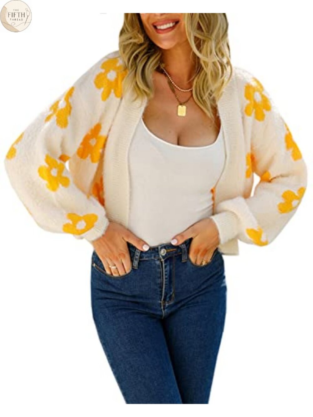 Women Floral Cropped Cardigan Long Sleeve Open Front Knit Sweater